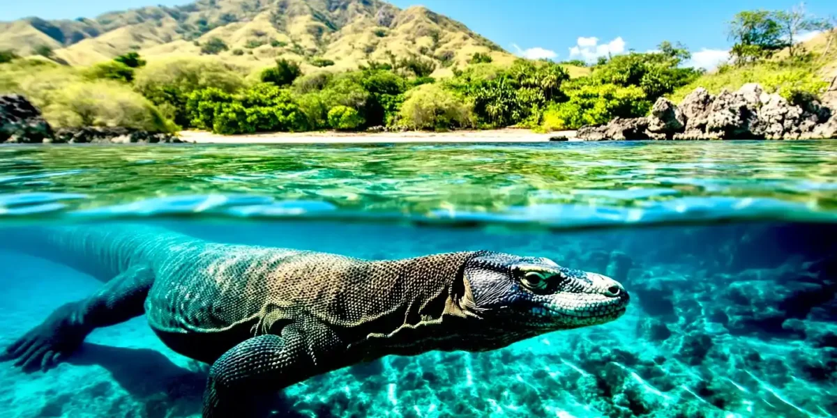 Illustration eines Komodowaran , der in den Gewässern des Komodo Nationalpark  Komodowaran  Komodo Nationalpark Komodo Luxury