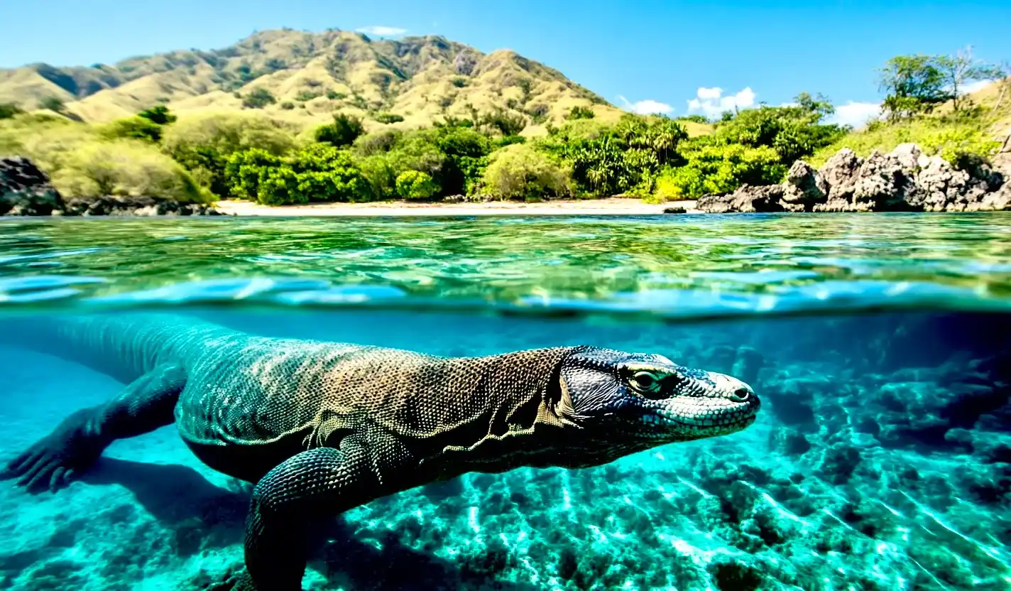 का चित्रण कोमोडो ड्रैगन पानी में तैरना कोमोडो राष्ट्रीय उद्यान | Komodo Luxury