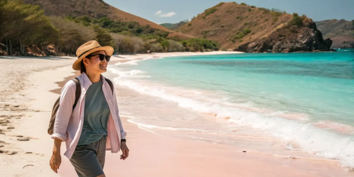 Koreanischer Tourist spaziert am Pink Beach | Komodo Luxury