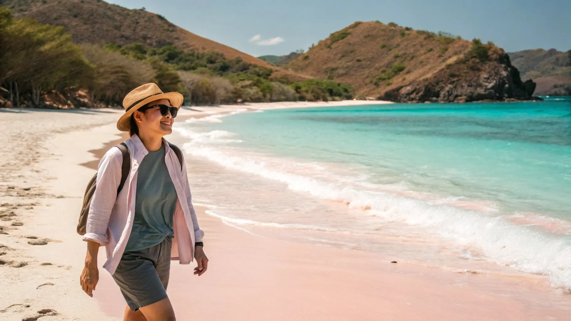 Korejský turista na procházce po Růžové pláži | Komodo Luxury